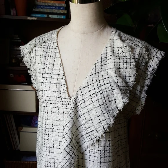 Zara Tweed Asymmetric Ruffle Dress V Neck Pockets - Picture 8 of 9